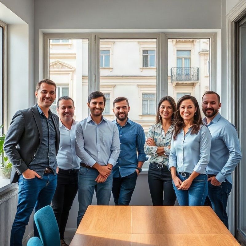 Equipo de Vividhdelta en oficina de Montevideo con acentos azules
